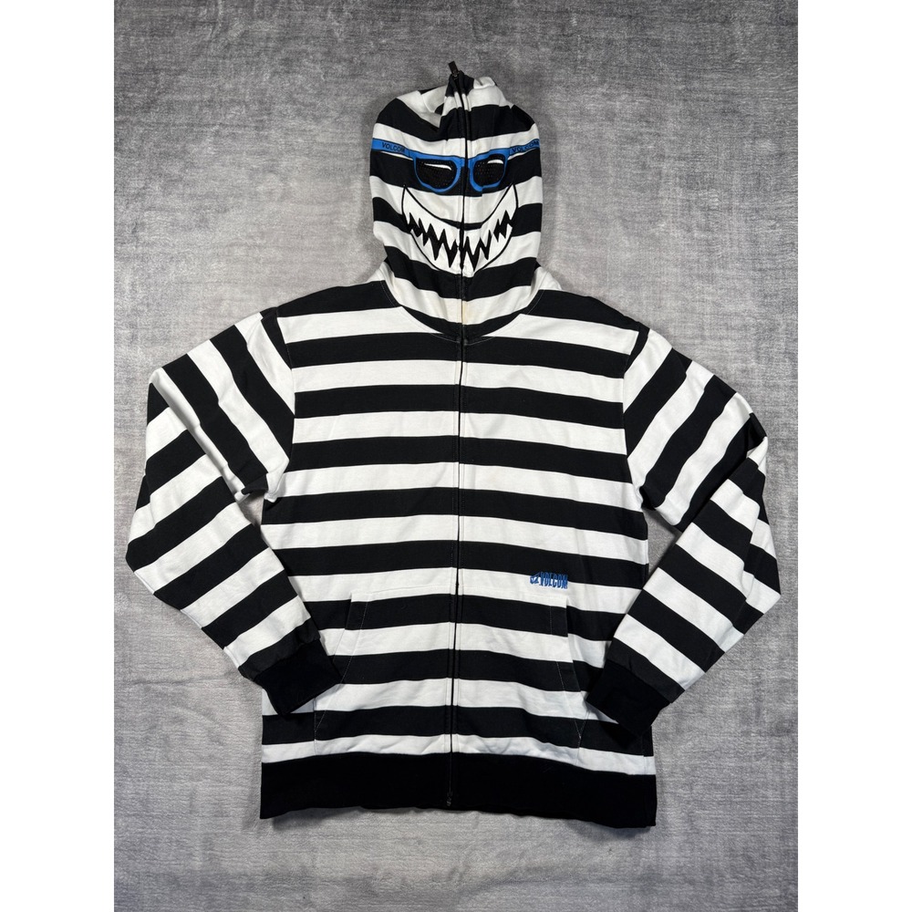 Volcom Sweatshirt Mens XL Black Striped Vtg Y2k Shark Mask Full Zip Skater